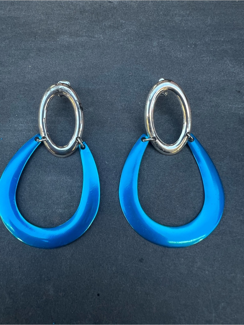 Metallic Blue Drop Hoop Earrings vintage 1980’s